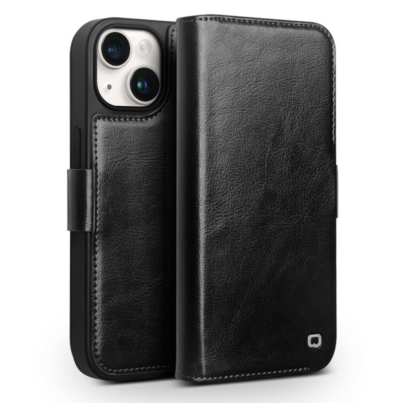 QIALINO Genuine Cow Leather+TPU Phone Case for iPhone 15 Plus Magnetic Closure Shockproof Phone Cover
