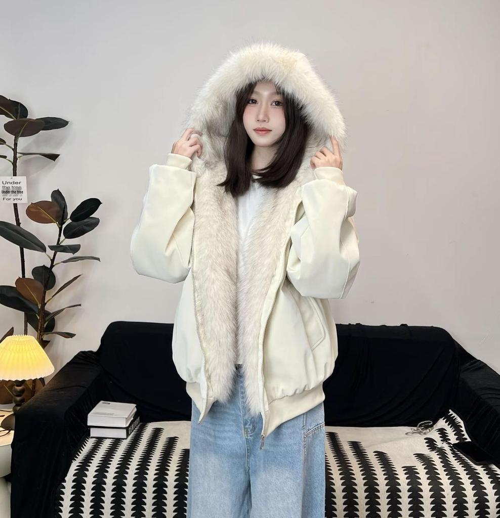 Winter Marble Base Mountain Hooded PU Leather Jacket with Faux Mink Fur for Men & Women - Warm Cotton Couple Jacket