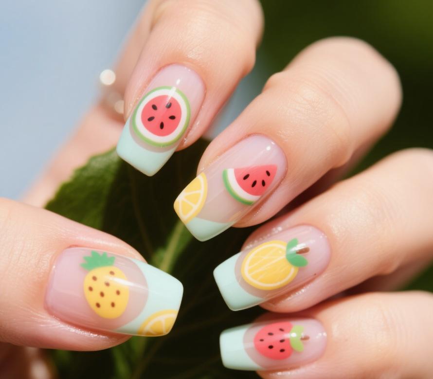 

Europe and the United States hot-selling models 24 nail art pieces small fresh fruit series medium and long square wearing armor Free jelly glue + rubbing strips