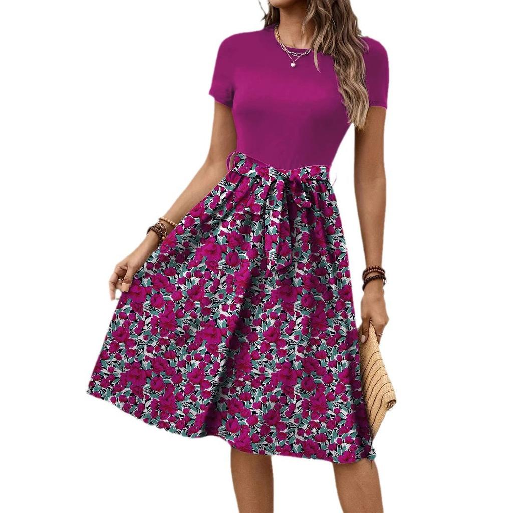 European and American Fashion Trend Temperament Round Neck Short Sleeve Waist Flower Print Medium and Long Dress