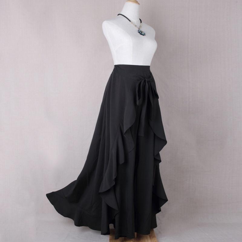 Women Tie-Waist Wrap Skirts Casual Chiffon Ruffle Wide Leg Loose Culottes