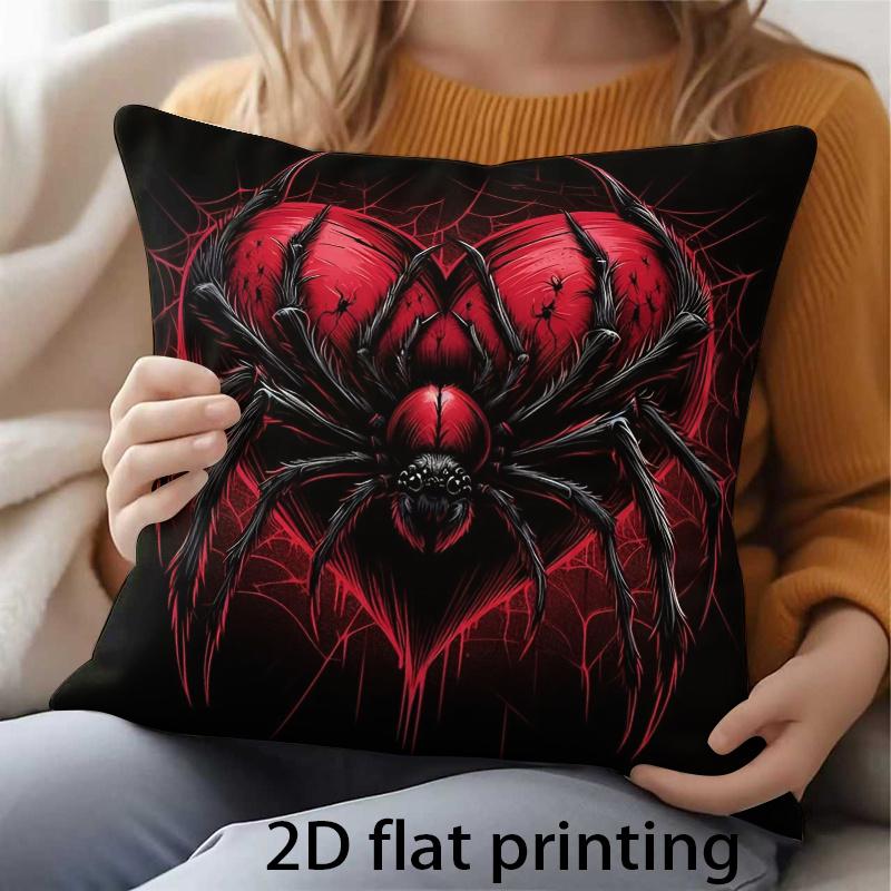 2D Flat Print 1pc Red and Black Spider Heart-Shaped Cobweb Gothic Dark Halloween Pattern Double-Sided Printed Pillowcase, Holiday Home Decor Cushion C