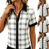 Women's Short Sleeve Button Down Shirt Polka Dot and Stripe Patterned Contrast Placket Casual Blouse Lightweight Breathable Fabric