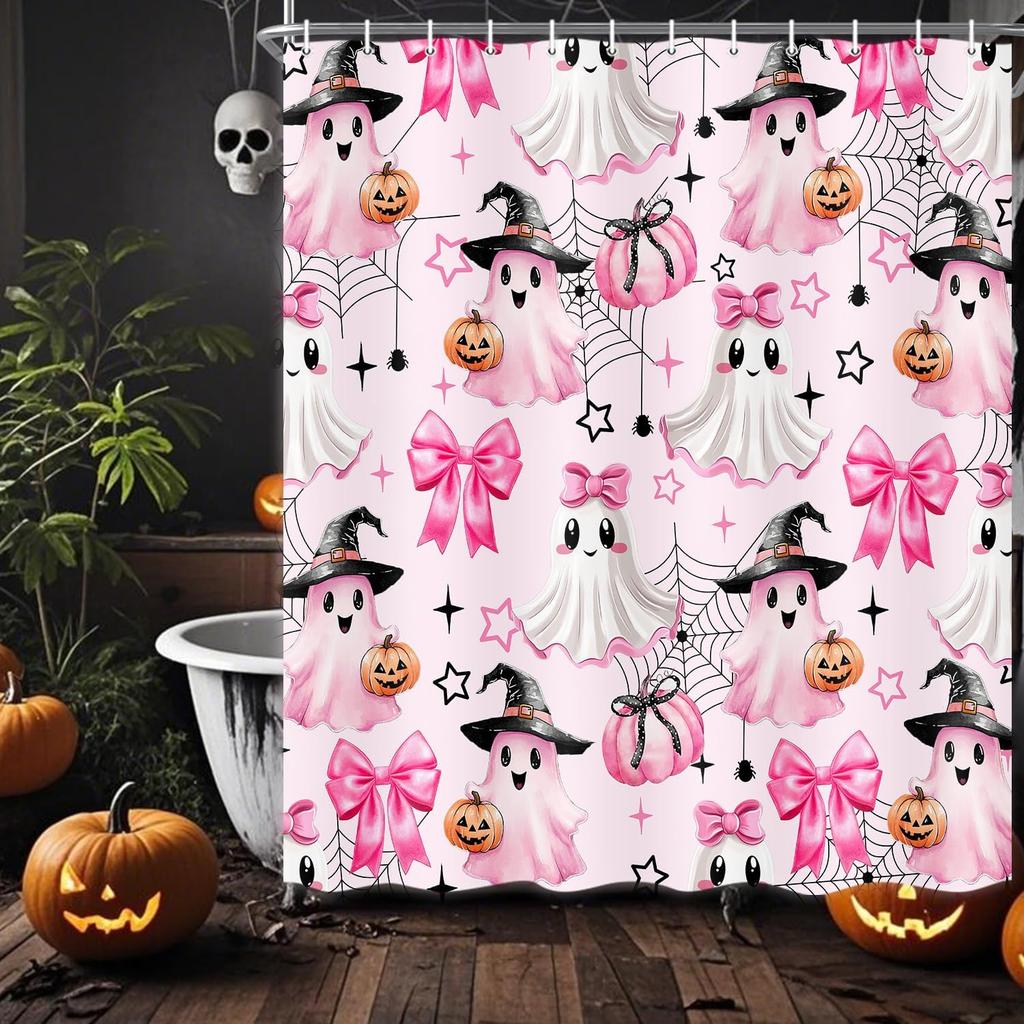 Halloween Shower Curtain, Black Cute Ghost Pumpkin Spooky Shower Curtain for Bathroom, Funny Halloween Holiday Cartoon Spooky
