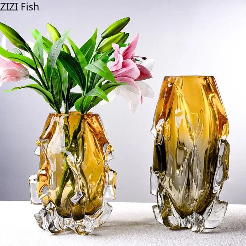 Creative Amber Gradient Glass Vase Hydroponics Flowers Pots Desk Decoration Flower Arrangement Floral Vases Modern Home Decor