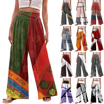 Women's Fashion Casual Loose Wide Leg Printed Tie Strap Pants With Pockets