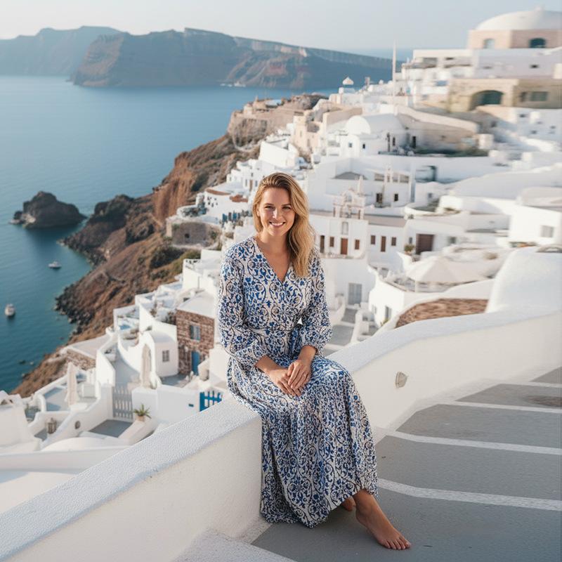 A Vacation-style Plus-size Dress with A Belt and Long-sleeved, Stylish Vacation Dress