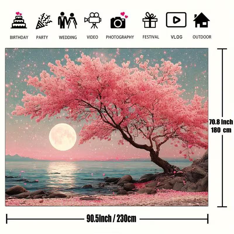 2D Sakura Moon Backdrop, Cherry Blossom Tree Photography Background