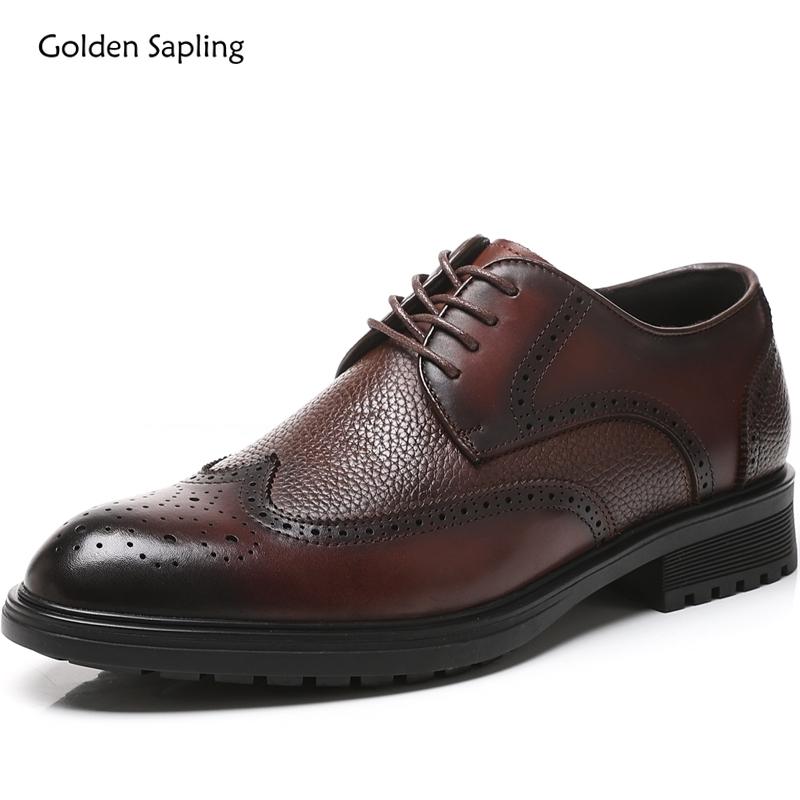 Golden Sapling Wingtip Brogues Shoes for Men Retro Genuine Leather Derby Shoe Male High Quality Lace Up Formal Shoes Footwear