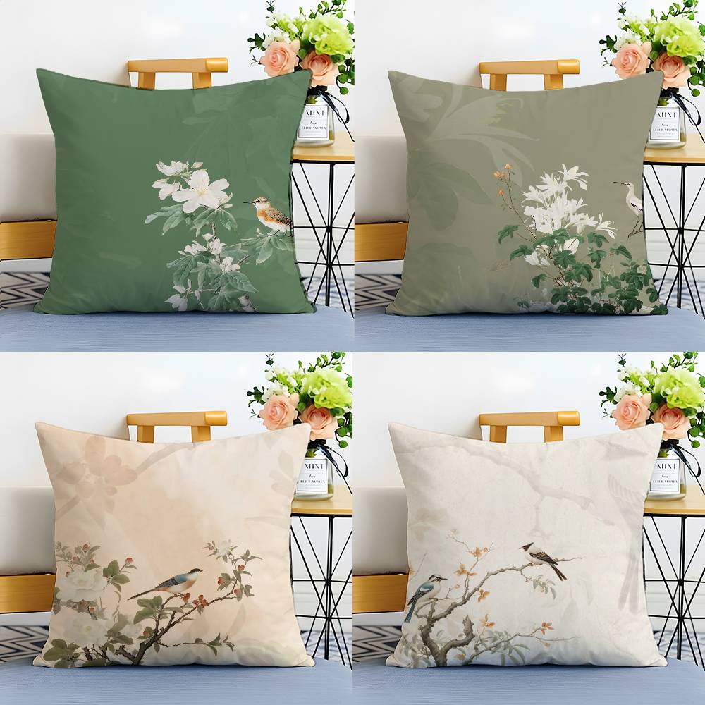 Prosta poszewka na poduszkę w stylu chińskim z ptakami i kwiatami, poszewka przeciw roztoczom, niewidoczny zamek błyskawiczny, jedwabisty krótki plusz, pokrowiec na poduszkę do sofy