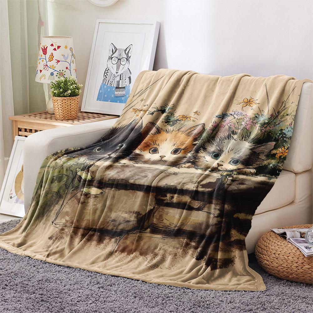 Peeking Cats Print Flannel Blanket, High quality Comfortable for All Seasons, Home Decor, Warmth and Comfort