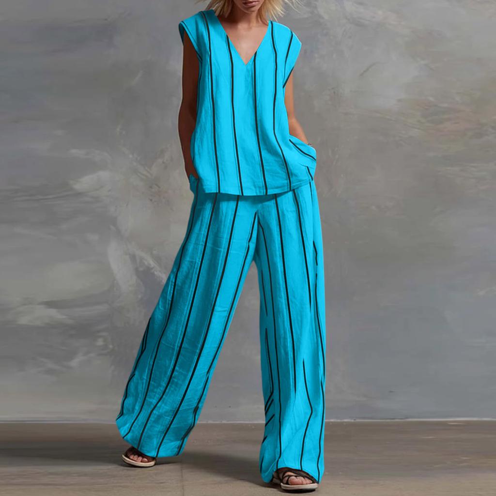 Conjunto Casual de Dos Piezas para Mujer con Top de Cuello en V sin Mangas y Pantalones de Pierna Ancha con Estampado de Rayas Ligero para Verano