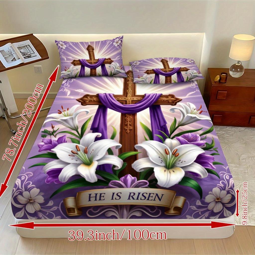 3pcs Fitted Sheet Set - 1*Fitted Sheet with Holy Cross Pattern + 2*Cushion Covers, No Core, Fashionable Soft Comfort Bedding