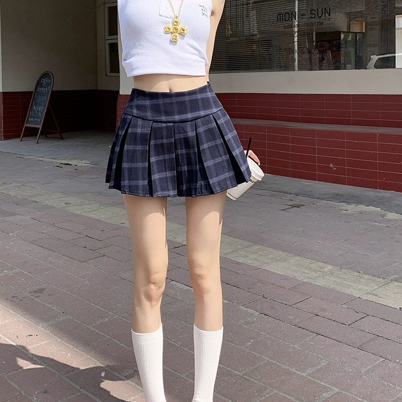 Vintage Blue Plaid Pleated Skirt Women's Summer College Style Hottie Low Waist Anti-light JK Short Skirt Wrinkle-resistant Plaid Pleated Skirt