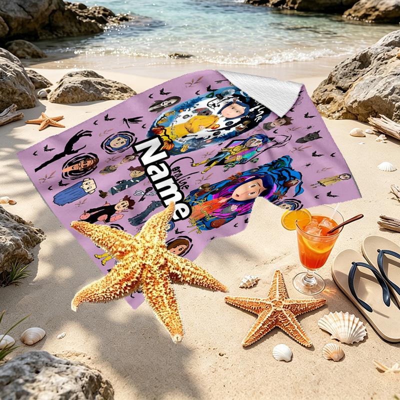 Custom Name Personalized Coraline Print Beach Towel, for Trip Camping Beach Party Home Decor, Birthday Gift for Family & Friends