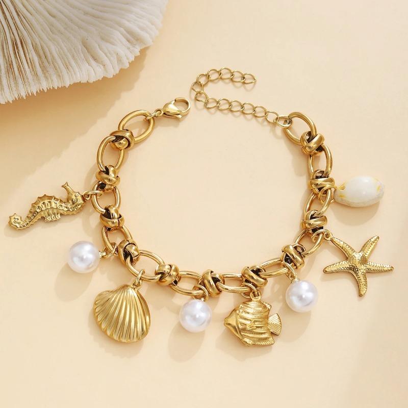 Summer Beach Rust-proof Steel Bracelets for Women Starfish Shell Ocean Style Pendant Bohemian Jewelry Gift Fashionable Resortwear