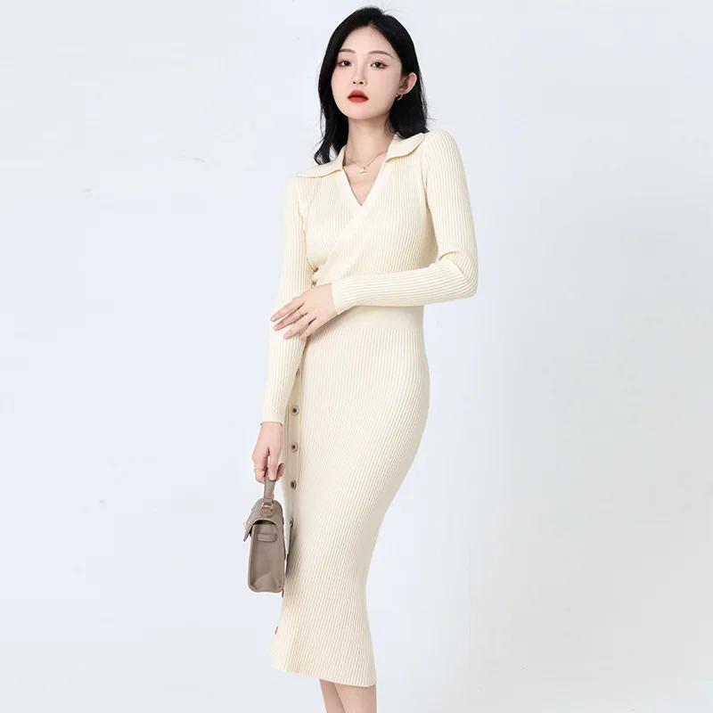 

Элегантное женское трикотажное платье Женское утягивающее платье-свитер с V-образным вырезом Длина до колена Внутренний пакет Юбка с узким низом Трикотажная женская одежда Осень-зима L абрикосовый