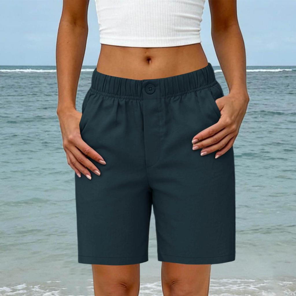 Women's Summer Fashion Elastic Waist Cotton Linen Five Quarter Pants Casual Loose Pocket Shorts