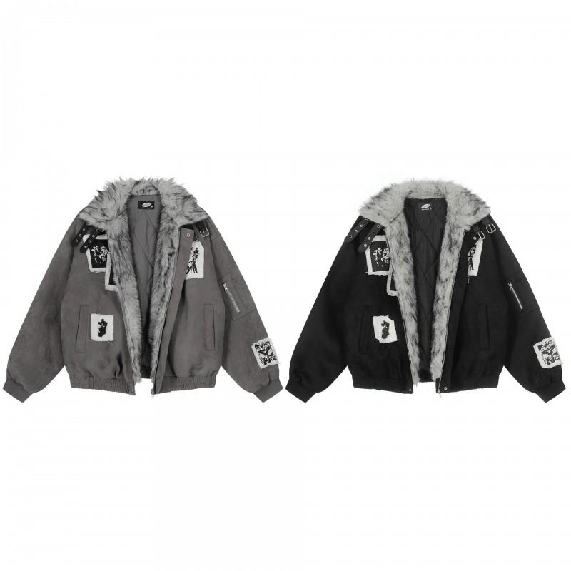 Giacca Imbottita Unisex Retro Punk in Cotone con Patch Frange in Pelle Scamosciata e Collo in Ecopelliccia Invernale Streetwear