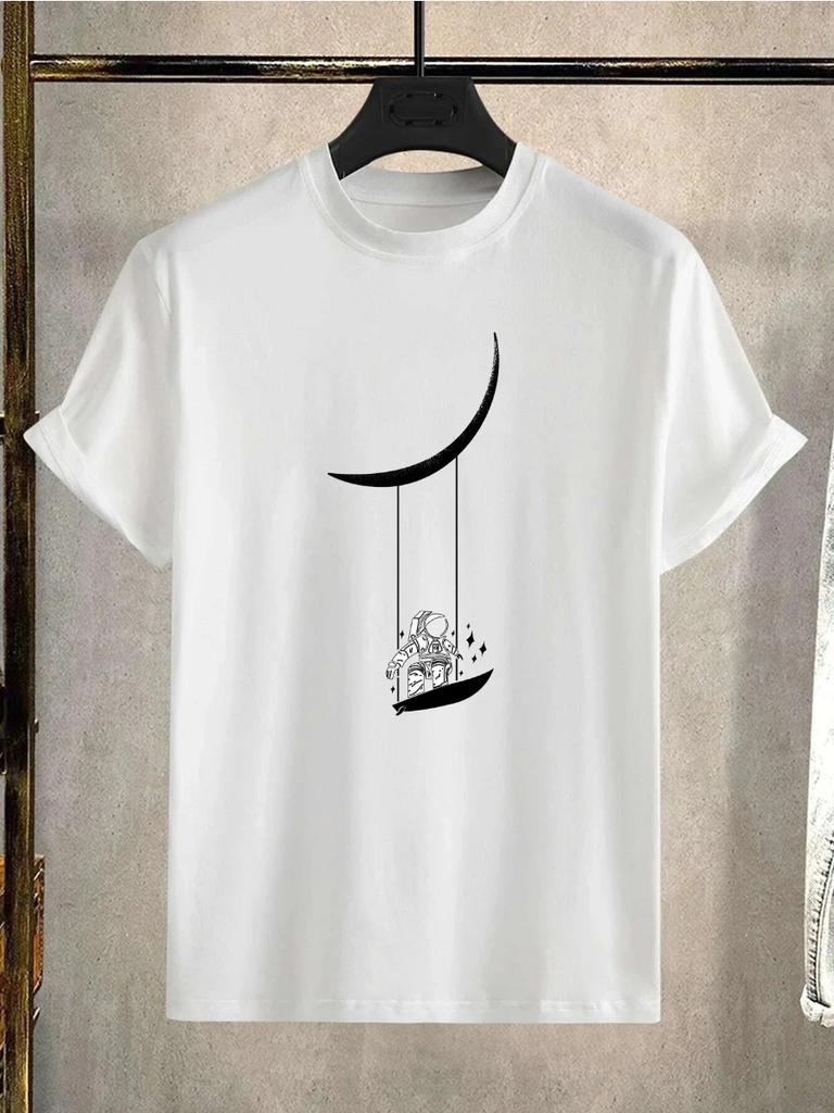 Astronaut Moon Swing 3D Print Men's T-Shirt Crew Neck Short Sleeve Top Spring Summer Menswear Loose Casua Top