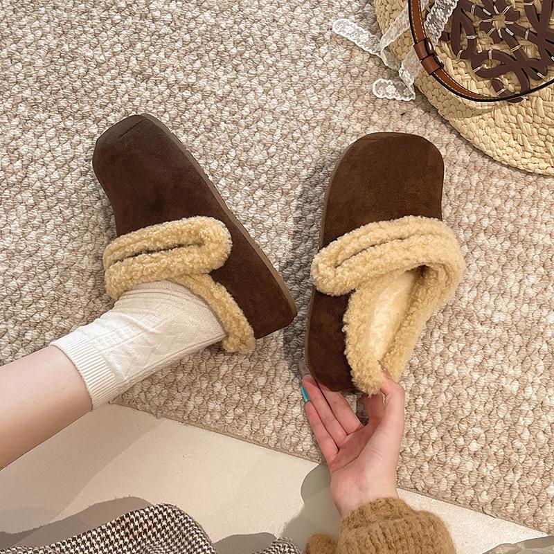 Women's Retro Lightweight and Comfortable Non-slip Heightening Winter Warm Plush Lining Non-slip Durable Casual Cotton One-step Half Slippers