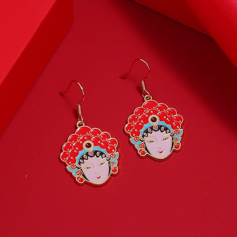 Chinese style knife and horse dan retro Peking Opera face mask earrings femininity long fringed stud earrings red trendy ear jewelry