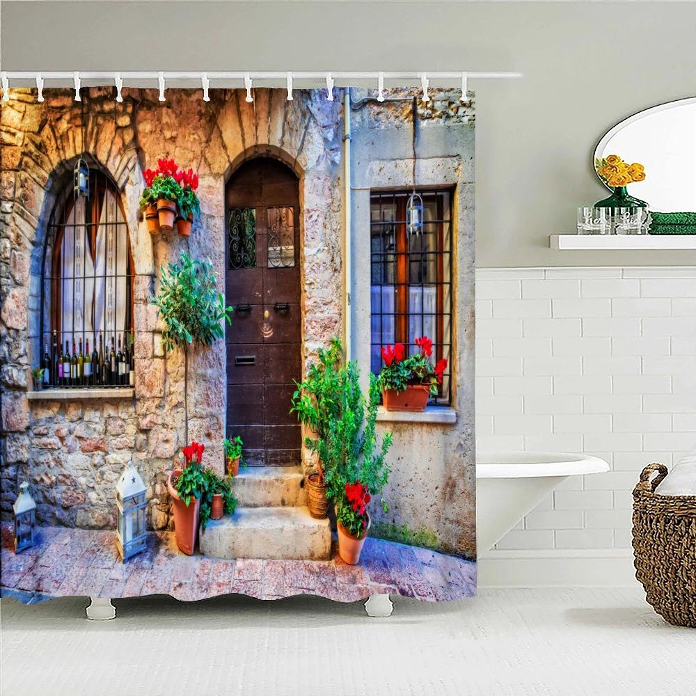 Town Street Scenery Shower Curtains Home Decor Polyester Fabric Bathroom Shower Curtains Oil Painting Waterproof Bath Curtains
