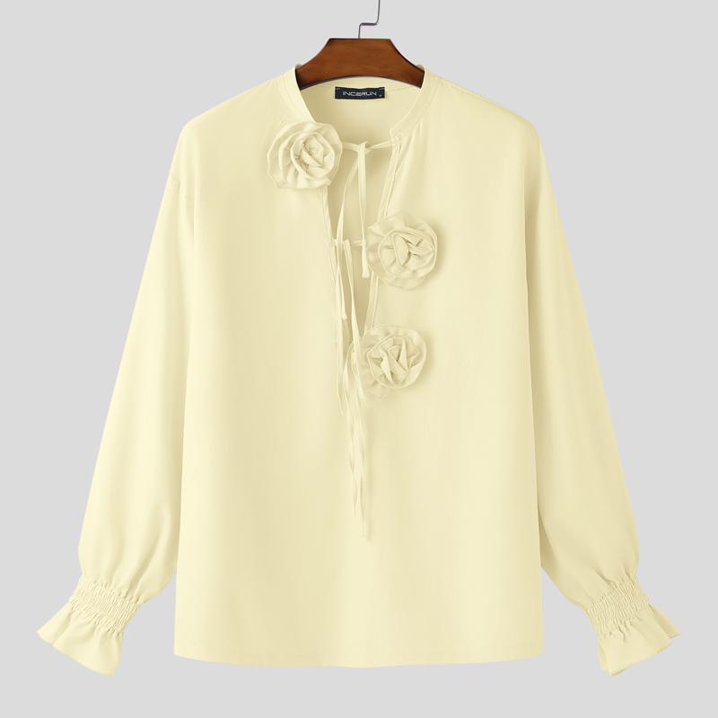 INCERUN Элегантные мужские кружевные рубашки с длинным рукавом и цветочным принтом, повседневные топы абрикосовый