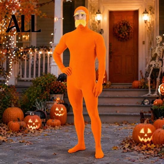 Lustiges Familienkostüm Gesicht Offen Halloween Kostüm, Unisex Ganzkörper Oranger Body mit Bart Langlebiger Cosplay Anzug Augenbrauen für Männer Frauen, Erwachsener
