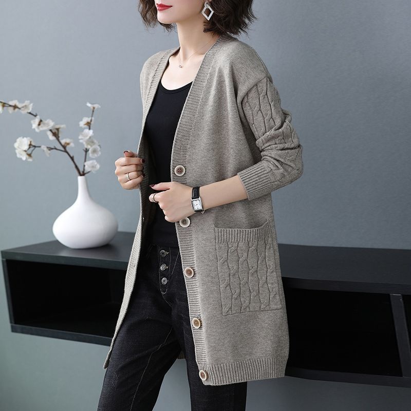 Cappotto Maglione Vintage da Donna Autunnale Scollo a V Monocolore Lavorazione a Maglia Larga Monopetto Cardigan in Maglia Casual Capo Esterno Sueter