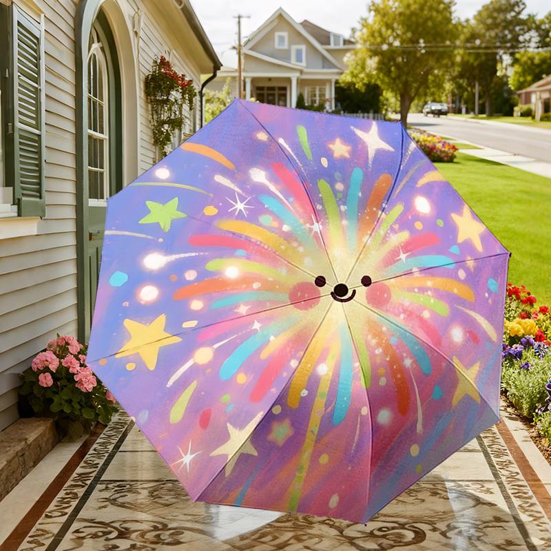 Rainbow Fireworks Happy Face Umbrella: Automatic Opening & Closing, Outdoor Protection, Lightweight Travel Accessory, Durable Gift for Any Occasion