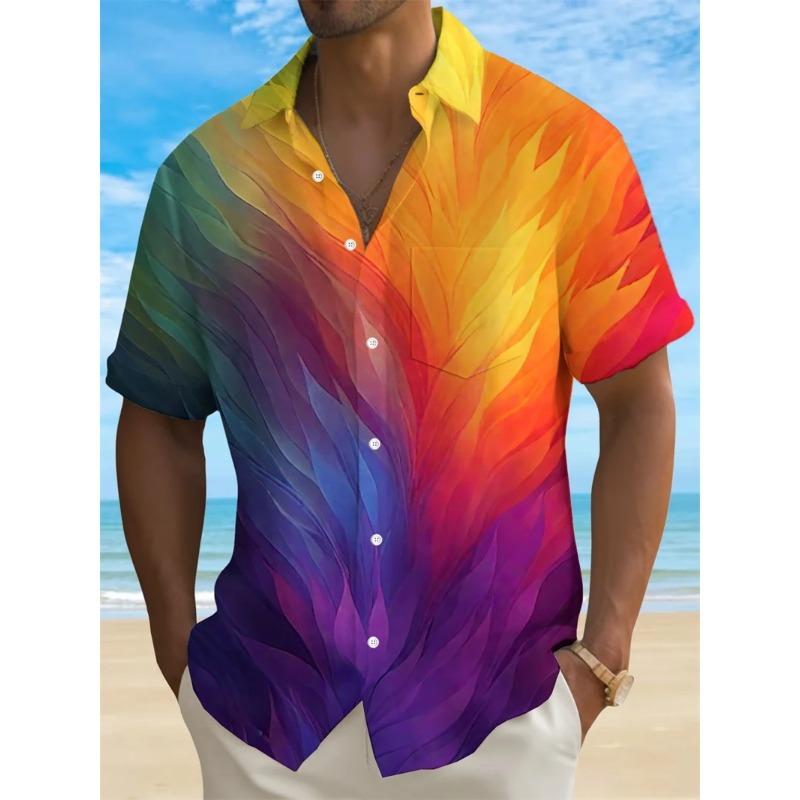 

Summer Men s Shirt 3D Print Colorful Feather Short Sleeve Turndown Hawaiian Shirt Button Up Shirts No Pockets Shirts S