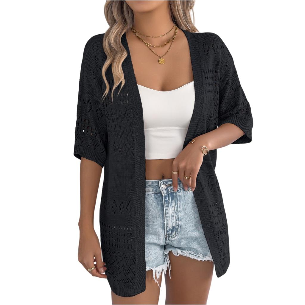 Cardigan in Maglia da Donna Casual e alla Moda, Monocolore, Lavorazione a Intreccio, Manica Media