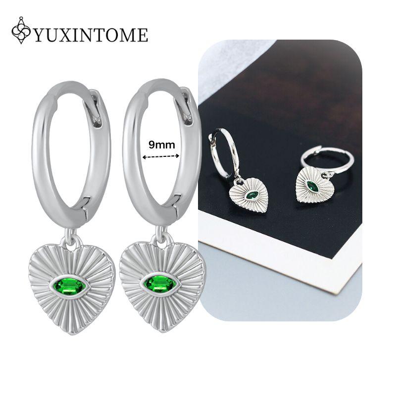 Turquoise 925 Silver Ear Needle Green Zircon vintage emerald Heart/Flower Pendant Hoop Earrings Fashion party Jewelry