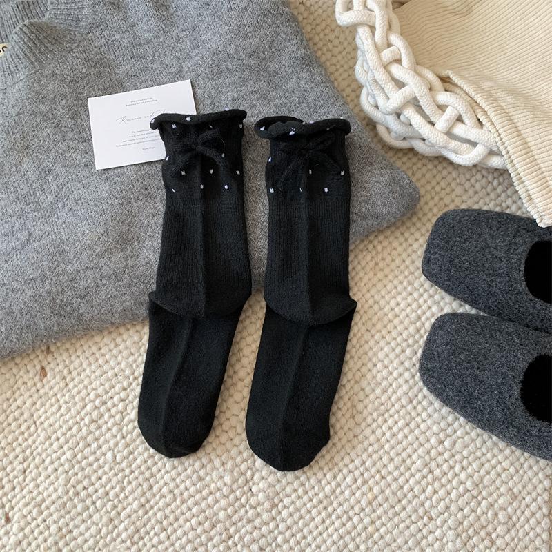 Ladies Autumn Winter Warm Polka Dot Heel Bow Sleep Mid Tube Pile Socks