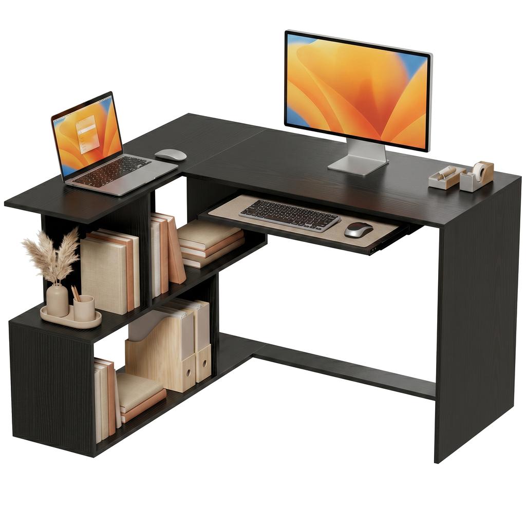 Corner Desk, 120 x 100 x 76 cm, L-Shaped Computer Desk, Keyboard Tray, 4 Open Compartments, Black