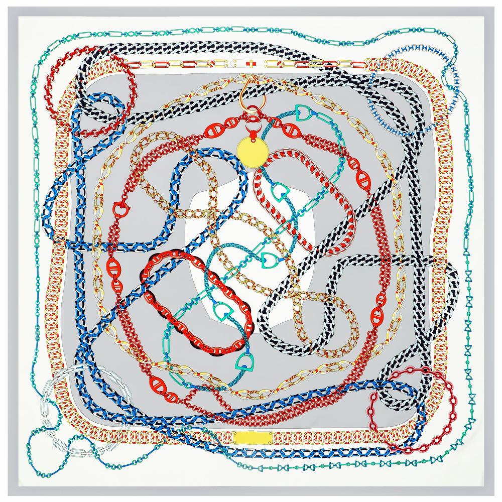 POBING Silk Scarf Women Large Shawls Chain Print Square Bandana Luxury NecKerchief Muslim Hijab Scarf Female Foulards 130CM