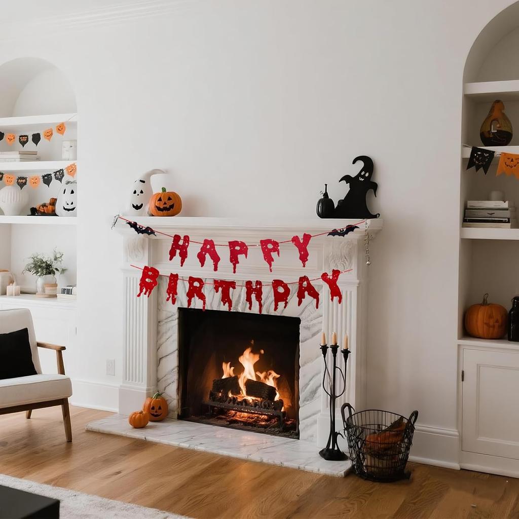 Happy Birthday Halloween Banner, Pre-Strung Glitter Spooky Halloween Party Decorations With Bat, Horror Birthday Decorations For Mantle Wall Mantel