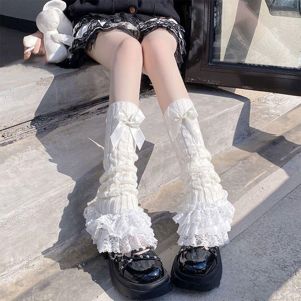 Lace Trim Knitted Leg Warmer Warm Knitted Fabric Bow Tiered Socks Japanese Style