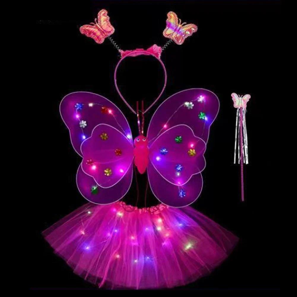 LED Children Costume Props Girls Skirts Angel Luminous Wings Flashing Butterfly Skirt Lights Suit 2-8year Easter Valentines Day