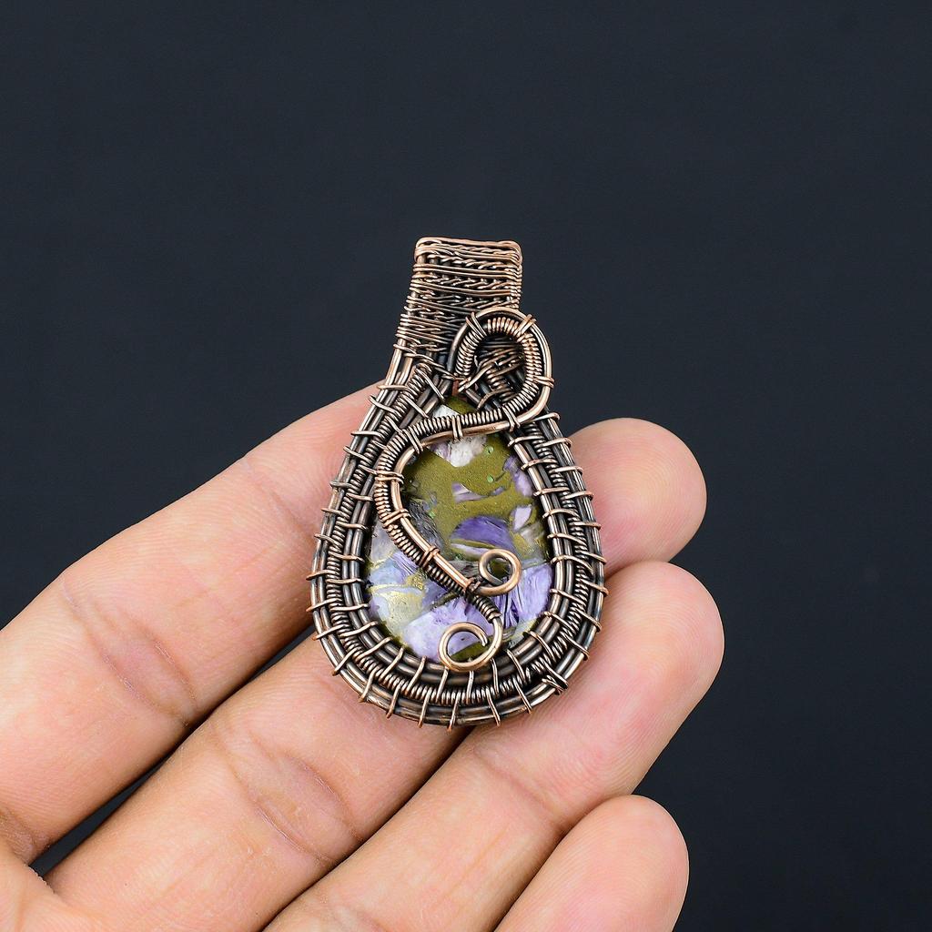 Copper Charoite Pendant Gemstone Jewelry, 999 Copper Wire Wrapped Pendant, Handmade Gift For Wife Pendant Jewelry