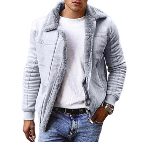 Men Winter Coat Zipper Fleece Solid Color Thick Turn-down Collar Keep Warm Casual Plus Size Long Sleeves Retro Outdoor Coat for Motocycling