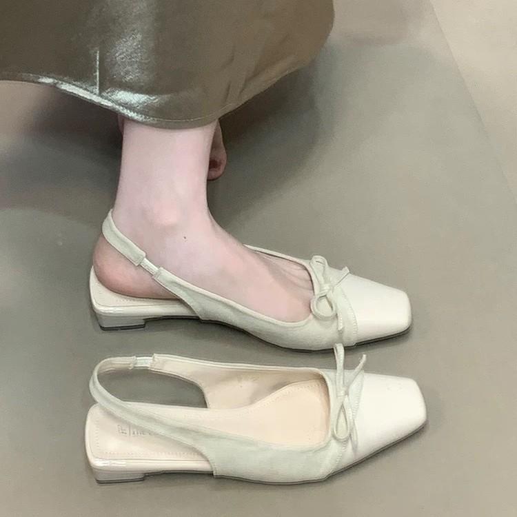 Fairy Wind Gentle Niche Bow Splicing Women's Shoes Heel Sandals with Skirt Bag Head Thick Empty Square Head Single Shoes Women