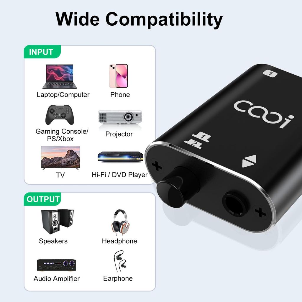 Stereo audio COOIDEA spolu s audio podporuje 1 vstup 2 výstupy nebo 2 vstupy 1 výstup a je přepínačem audio reproduktorů AUX pro mobilní telefony a 3,5mm přepínačem,
