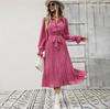 Women's Casual Dress with Flower Print Ankle-Length High Waist V-neck Long Sleeve for Autumn Winter