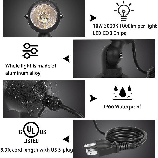 10W Dusk To Dawn Outdoor LED Spotlight Plug In with Photocell Sensor for House Flag Yard Tree Garden, 3000K 1000LM Warm White 120V Landscape Lighting