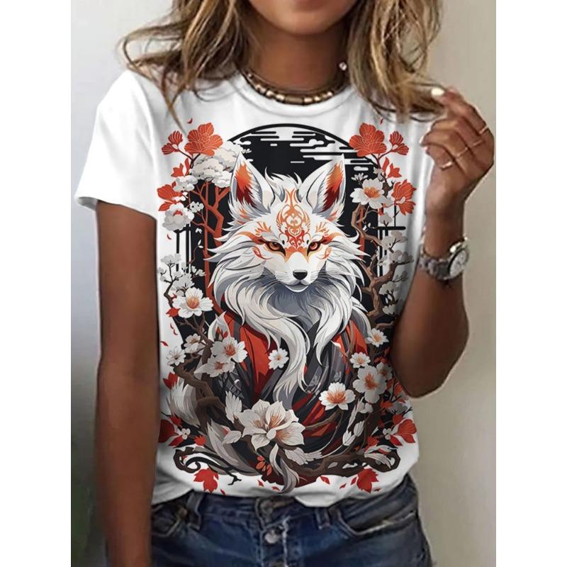 Women's Short-sleeved Round-neck T-shirt with Fox Pattern Print