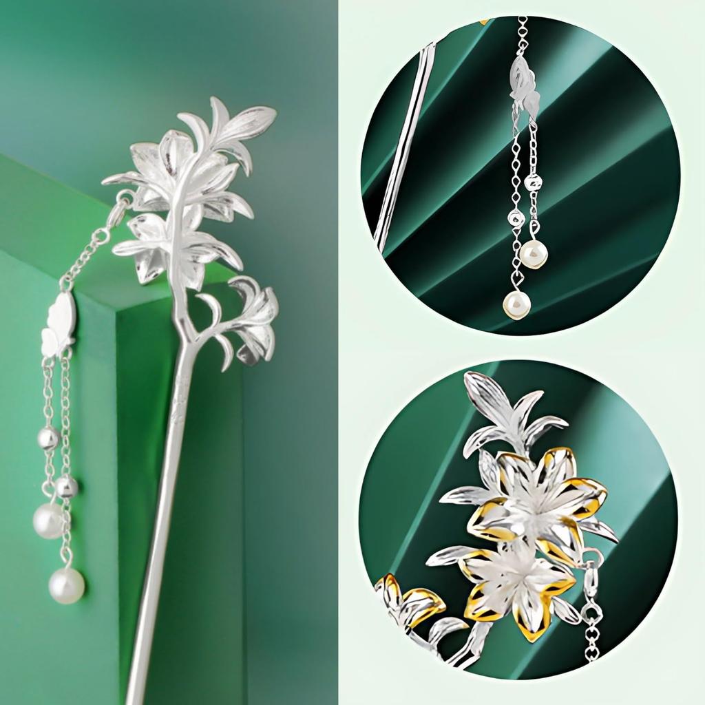 Miaomyao Japanese Hair Hair Accessory [Miaomyao] Hairpin, Style, Tomesode, Kimono, Ornament, Metal, Antique, Flower, Azalea, Thatch, Pearl, Silver,