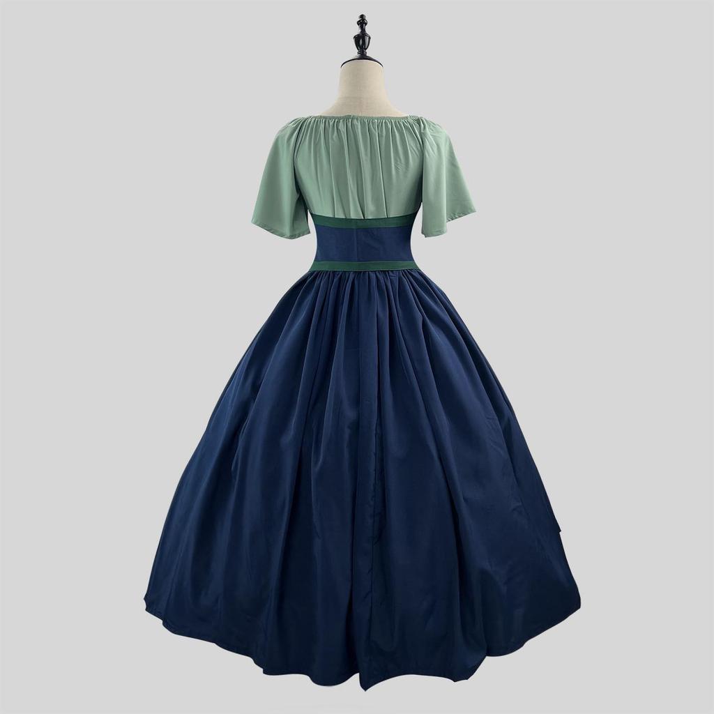 Medieval Retro Color Block Off-Shoulder Slim Fit Dress with Fly Sleeves and Big Swing Skirt - Women's Cosplay Costume