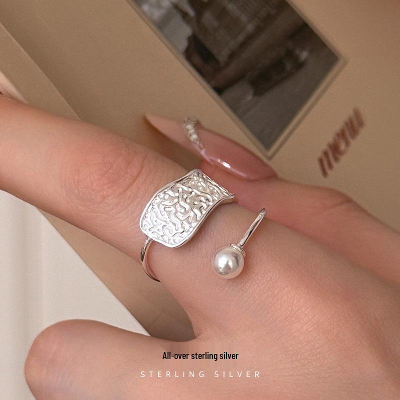 Silver Korean Style Wide Band Pearl Ring - Niche Texture Open Design for Autumn and Winter